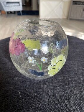 Vintage Hand-painted, Cracked Glass Votive or Tealight Holder